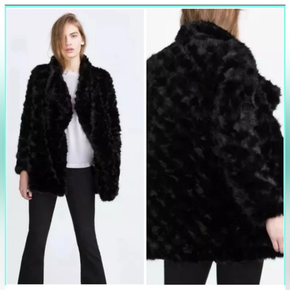ZARA Luxurious Black Faux Fur Coat EUC